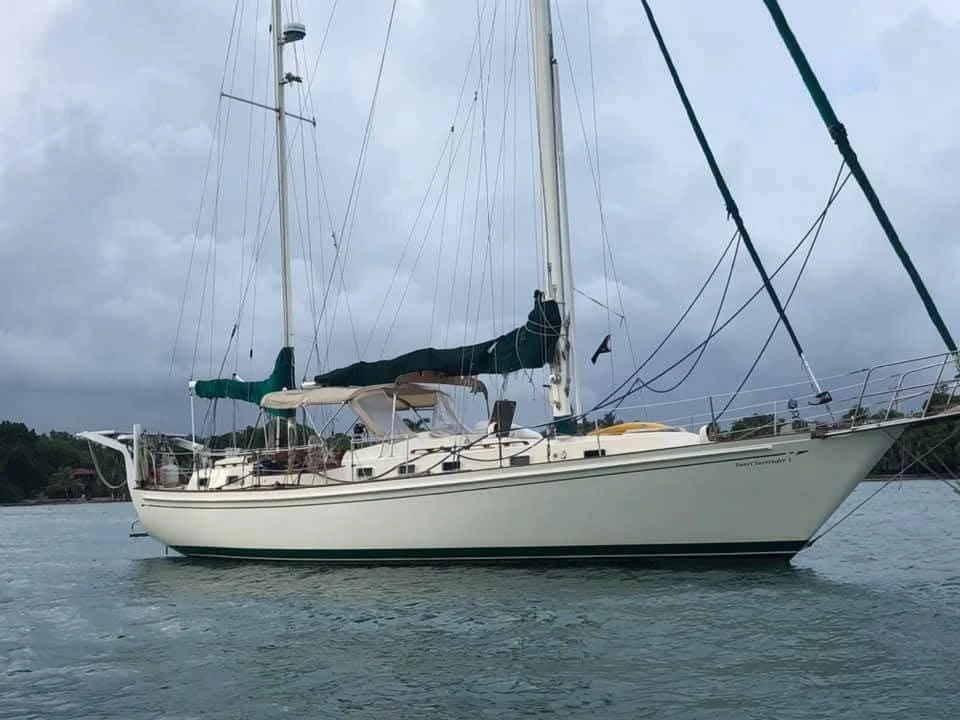 Sweet Surrender anchored off Roatán, viewed from the water